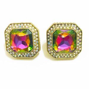 Heidi Daus Rainbow AB Crystal Square Earrings Gold Tone Studs Retro Jewelry*